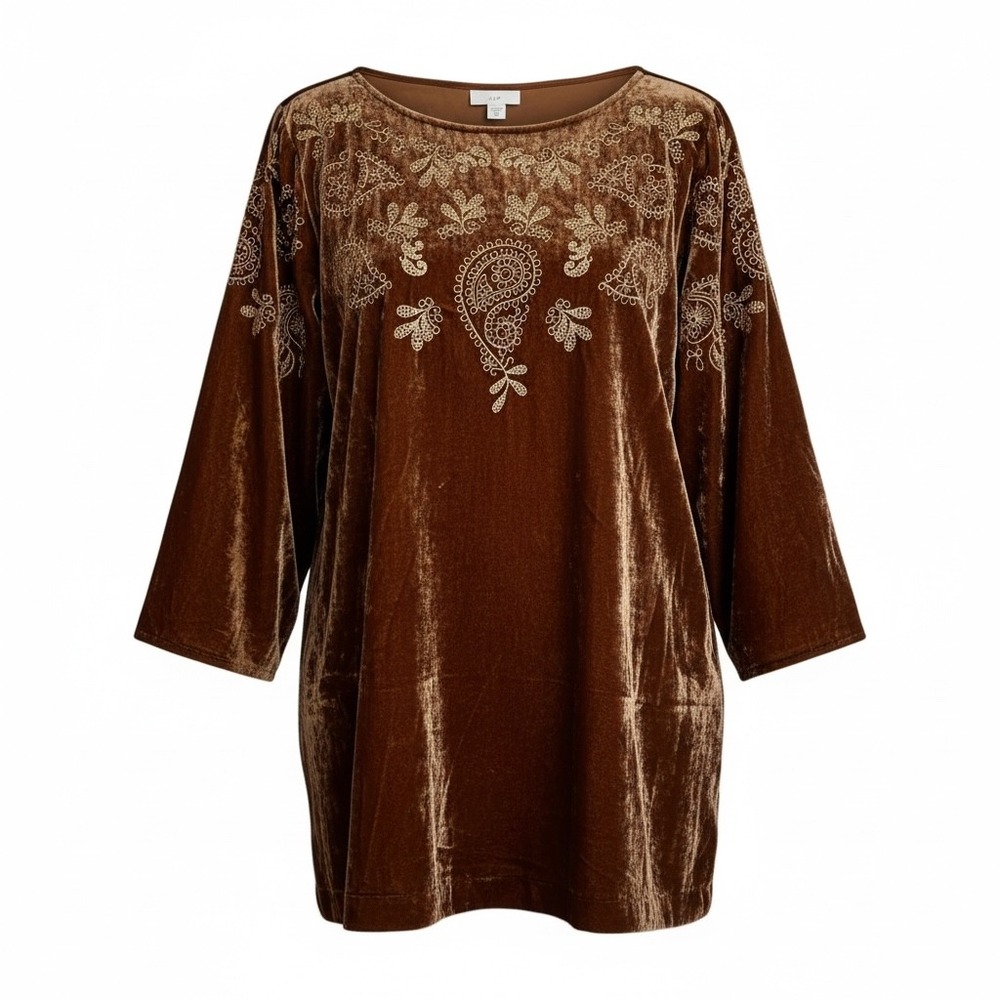 J Jill Women's Brown Velvet Velour Embroidered Tunic Top 3/4 Sleeve M
